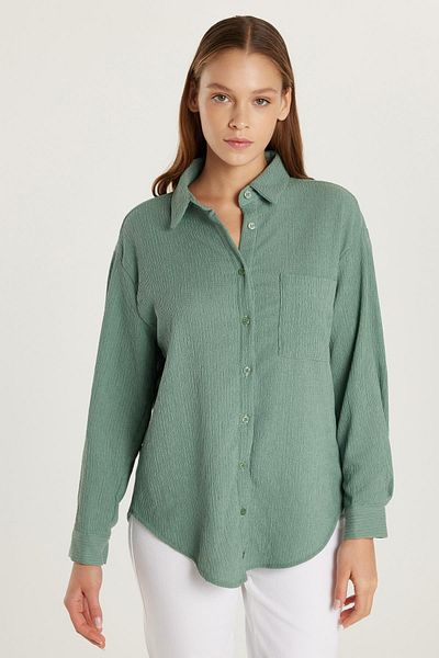 Tudors Women's Relax Fit Relaxed Cut Long Sleeve Seersucker Green Shirt
