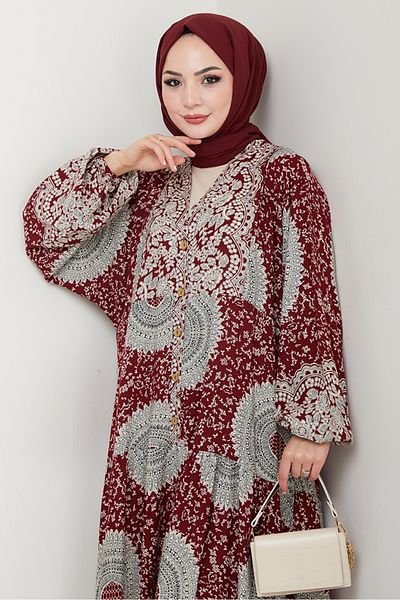 Bestenur Eysar Φόρεμα με μισό κουμπί υφαντό βισκόζη 1494 - Claret Red