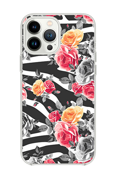 mooodcase iPhone 14 Pro Uyumlu Zebra Gülleri Desenli Şeffaf Silikonlu Telefon Kılıfı