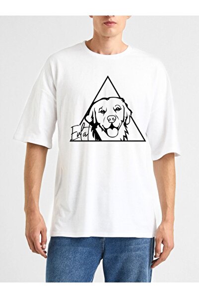 donamod تيشيرت أبيض بتصميم كلب ذهبي كبير الحجم للجنسين