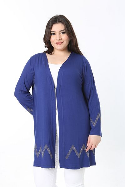 Şans Women's Large Size Saks Stone Detailed Lycra Viscose Cardigan 65N38880