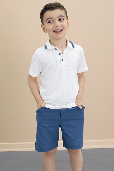 Cansın Mini Tricou cu nasturi cu gât polo Indigo și pantaloni scurți pentru băiat Set 2 piese 21107