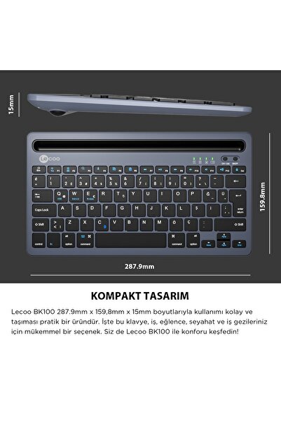 Lecoo Bk100 Kablosuz Bluetooth Çoklu Cihaz Ile Uyumlu Şarj Edilebilir Türkçe Q Klavye Gri