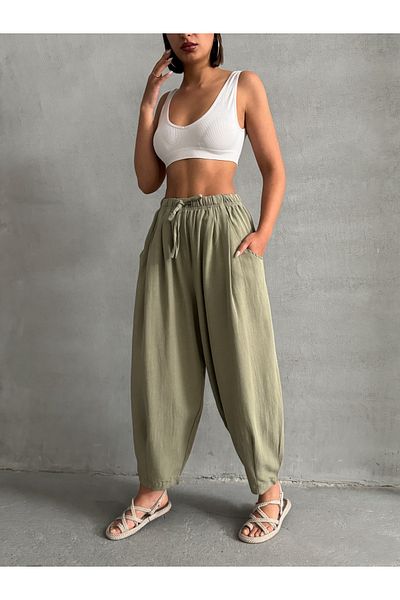 BEJNA Khakifarbene Ballonhose aus Leinen mit Struktur für Damen