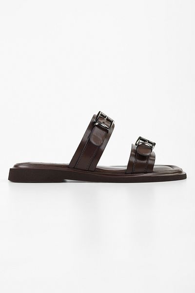 Shoeberry Women's Taliya Brown Skin Buckle Slippers