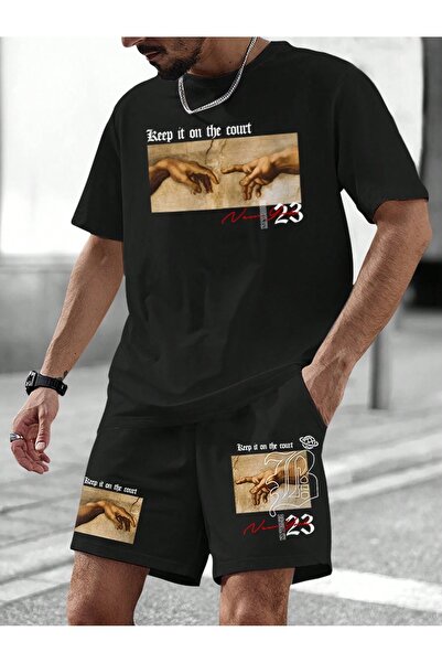 donamod Set de tricou și pantaloni scurți pentru bărbați negri Overize El 23 ...