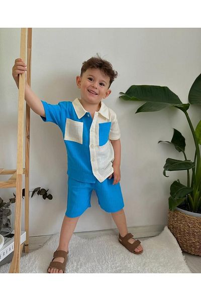 JELİBOOM Minimira Kids Male Child Blue White Colorblock Muslin Shirt Shorts Suit
