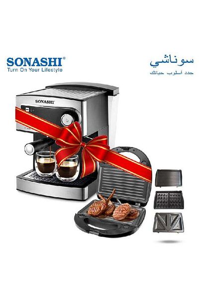 sonashi 3-In-1 Non-Stick Multi-Snacks Maker With 15 Bar All In One Stainless Steel Espresso Cappuccino And L
