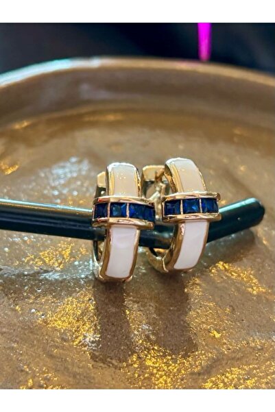 SE Jewellery Collection Selin Ersoy C Beyaz Mineli Lacivert Taş Detaylı Şık Kadın Halka Küpe 1,7 cm