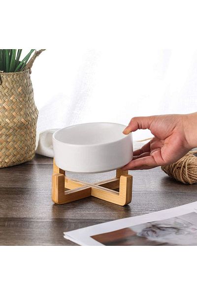 PETSARY Ceramic by Dog Cat Food Bowl with Bamboo Wood Stand (White)