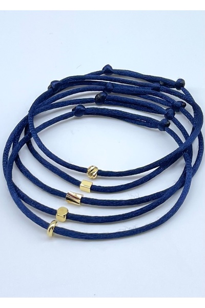 Concept HuBuTU Minimal Altın Kaplama Objeli Lacivert Saten Floş Ip Halhal Seti (5 ADET)