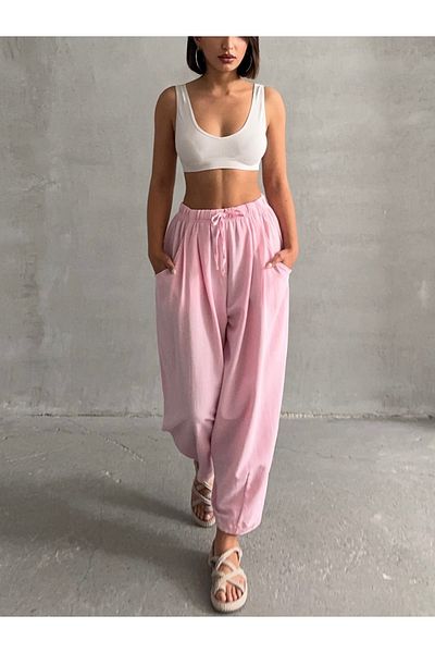 BEJNA Rosa Leinen-Ballonhose für Damen mit Struktur