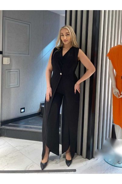 Paşalı V-Neck Sucha Crepe Fabric Jumpsuit with Leg Slit Detail