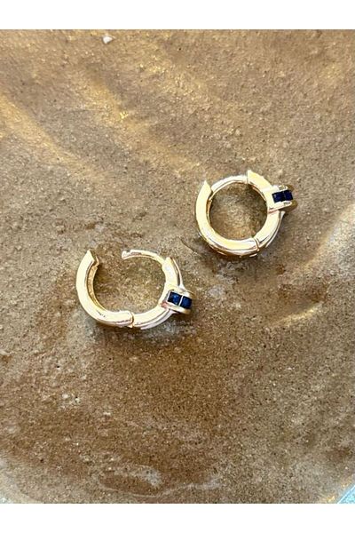SE Jewellery Collection Selin Ersoy C White Enameled Navy Blue Stone Detailed Stylish Women's Hoop Earrings 1.2 cm