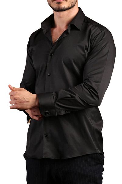 Dicotto Ανδρικό πουκάμισο Stretchy Lycra Black Slim Fit - Μανικετόκουμπα, Extra Slim Fit - 195-6