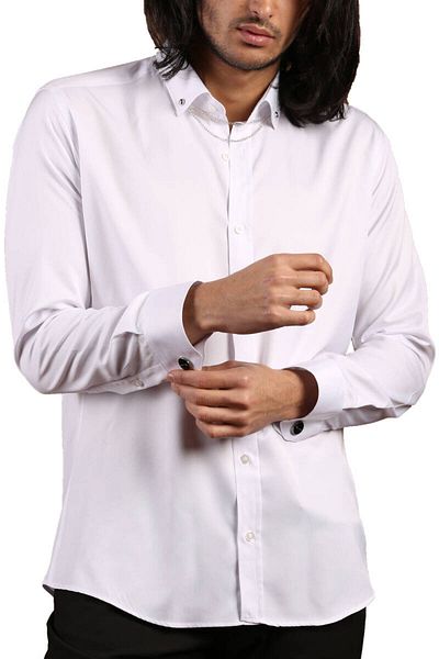 Dicotto Λευκό Micro ύφασμα Slim Fit Ανδρικό πουκάμισο - Μακρύ μανίκι, γιακάς με κουμπιά, αλυσίδα - 19