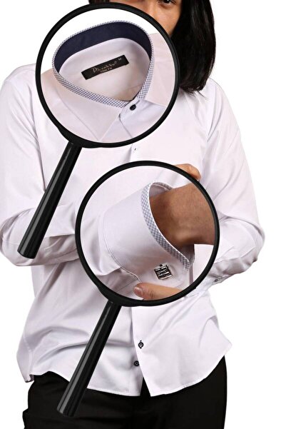 Dicotto Ανδρικό πουκάμισο με λεπτή εφαρμογή Λευκό Navy Blue, Bieli Collar, Slim Fit, Micro ύφασμα, Μανικετόκουμπα - 200-1