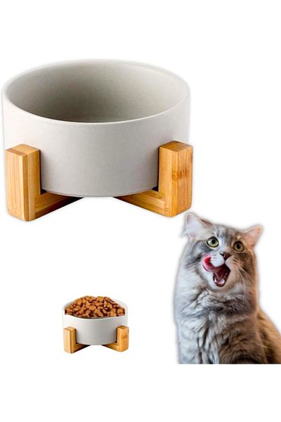 PETSARY Ceramic Dog Cat Food Bowl with Bamboo Wood Stand - Modern Round Heavy Duty Food and Water Bo