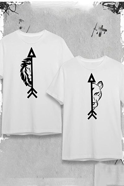 donamod Tricou alb combinat cuplu de iubit cu design de leu masculin și femin...