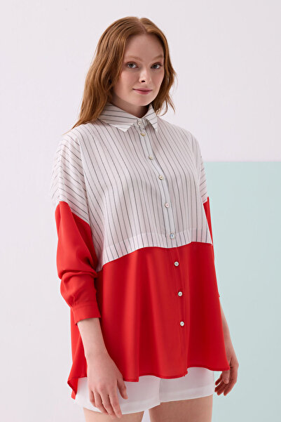 Jus De Pommes BEYAZ KIRMIZI ÇİZGİLİ KUMAŞ KARIŞIMLI UZUN KOLLU KADIN GÖMLEK