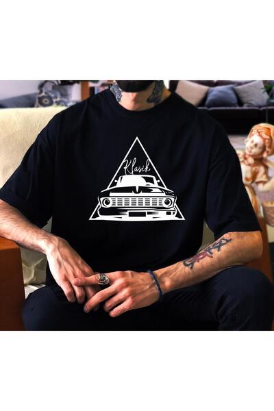 donamod Tricou negru unisex oversize cu design clasic de mașină