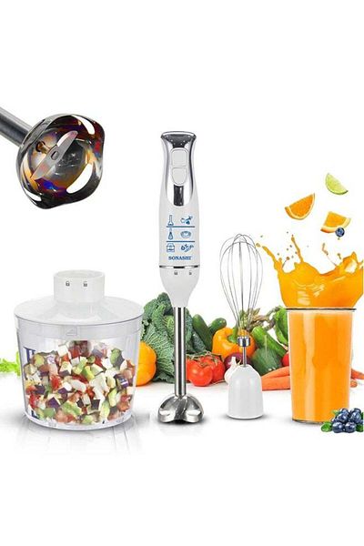 sonashi 4-in-1 Hand Blender Chopper Whisker Mixer | Durable Stainless Steel Blade & Removable Stick | Comes