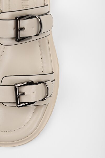 Shoeberry Women's Taliya Beige Skin Buckle Slippers