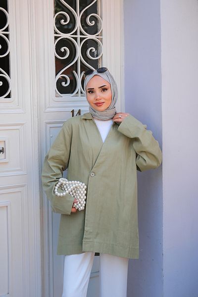 LOCCO سترة نسائية من الكتان بياقة مزدوجة الصدر باللون الأخضر الفستقي