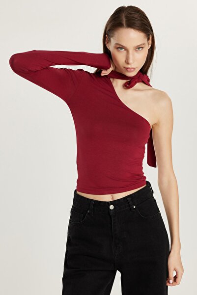 Tudors Women's Standard Fit Corded Single Sleeve Asymmetric Collar Burgundy Blouse