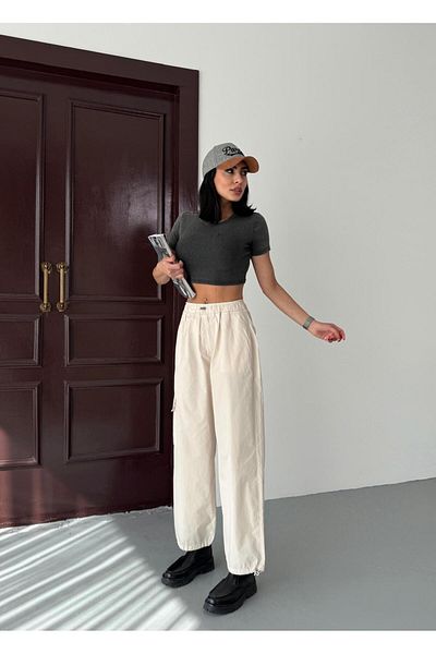Zeo Basic Parachute Fabric Cargo Pants with Pockets, Waist and Leg Elastic Detail