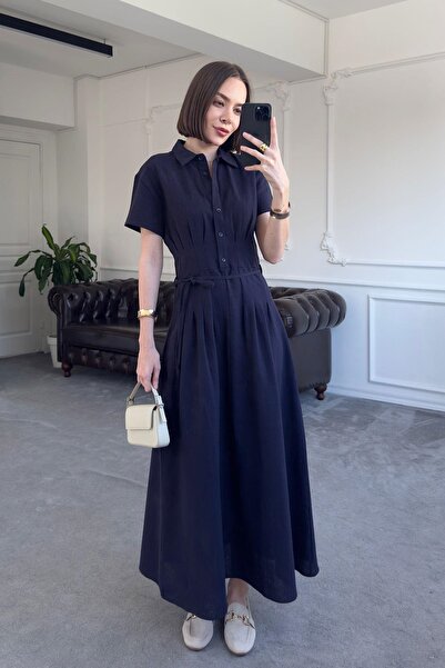 QİMYA BUTİK MAGARDE Γυναικείο μακρύ φόρεμα με πλισέ μέση με κουμπιά και κοντό μανίκι