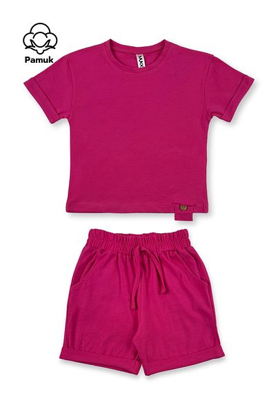 difa kids Set of Two Wooden Button Design Summer Pink Fuchsia Girls/Boys Summer Top and Bottom Set