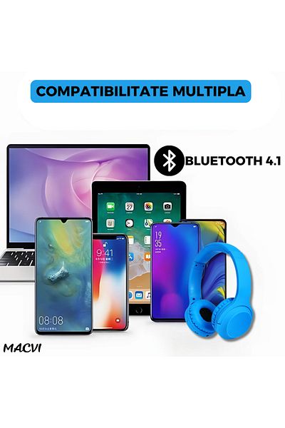 MACVI Casti Wireless Macvi® Extra-Bass TV11, BT 4.1, Stereo, Microfon, Radio FM si Card SD, albastru
