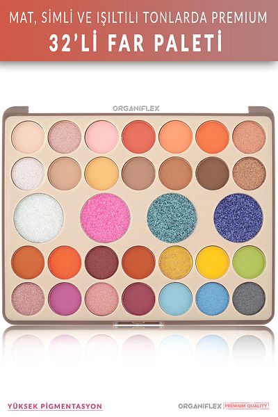 organiflex 32-Pack Eyeshadow Palette Matte, Glitter and Shimmer High Pigmentation