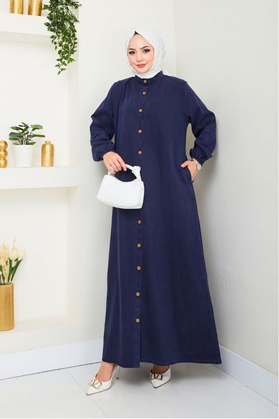Bestenur Τζιν φόρεμα Ziyer με κουμπιά 1498 - Navy Blue