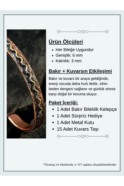 OSMANLI GÜMÜŞ Copper Wave Copper Handcuff Bracelet Men Women with Quartz Stone and Metal Box