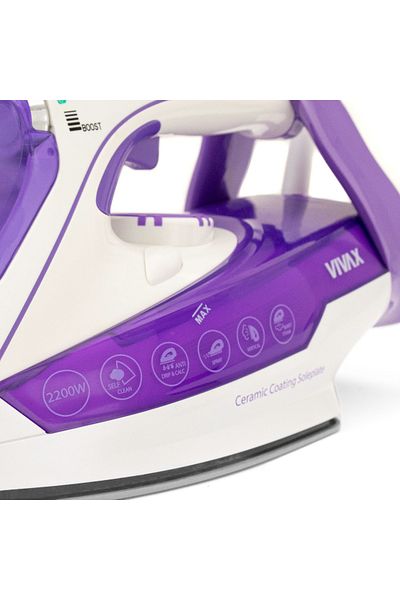 Vivax Oliva Iron, VIVAX IR-2202CP, power 2200 W, ceramic soleplate, 360 ml tank, 30 g/min, White/Purple