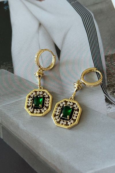 Trendy Butik Steel Green Jewelled Earrings