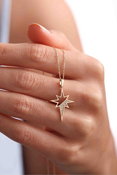 Gianfranco 14 Ayar Altın Yarım Taşlı Kutup Yıldızı Uzun Kolye Ucu