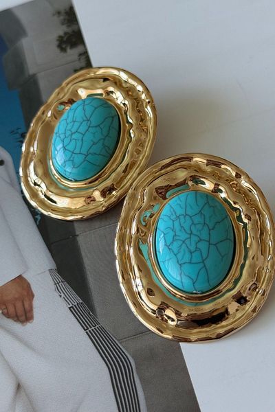 Trendy Butik Steel Turquoise Stone Plate Earrings