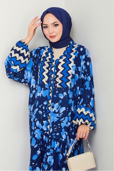 Bestenur Turel Φόρεμα με μισό κουμπί υφαντό βισκόζη 1502 - Navy Blue