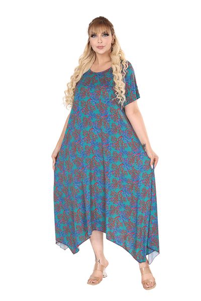 MELSAY Plus Size Asymmetric Cutout - Φόρεμα με κοντό μανίκι με στάμπα μπλε κοραλί