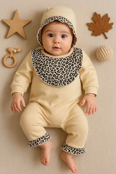 Babydonat Leopard Detailed Hat Jumpsuit 100% Cotton