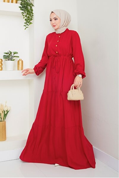 Bestenur Yasen Half Button Woven Viscose Dress 1508 - Claret Red