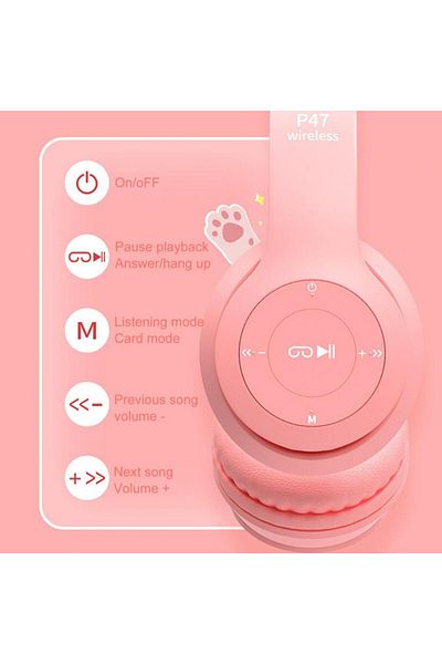MACVI Casti stereo wireless Macvi® P47, urechi pisica, Bluetooth 5.0, FM, reducere zgomot, pliabile, roz