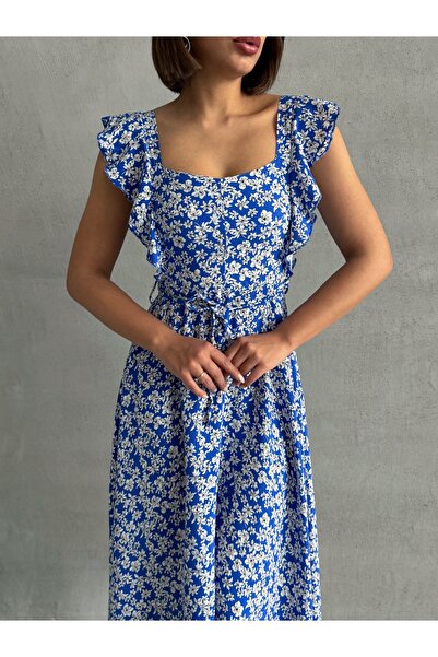 BEJNA Rochie de vară țesătă de damă, albastră, cu modele florale, cu detaliu cu volane