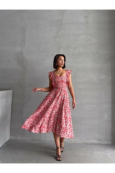 BEJNA Rochie de vară țesătă cu volane, roșie, cu modele florale