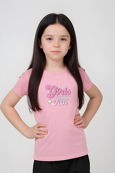 FYK KİDS Girl's Round Neck Printed Girls Fun Lower-Top Pjamas Suit