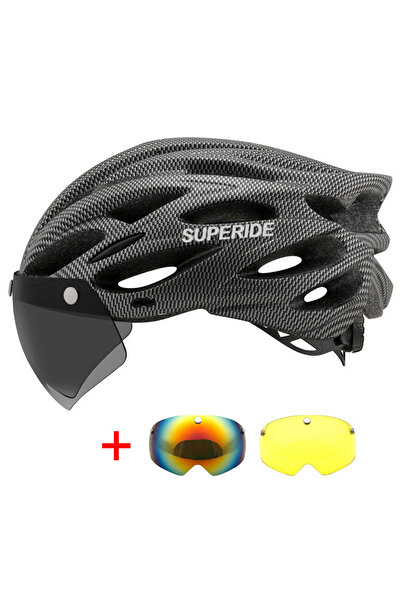 Choice Carbon 3 Lens Type A SUPERIDE Ultalight Cycling Helmet with Magnetic Googles & Sun Visor Men Women I