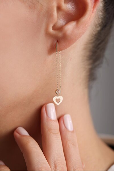 Gianfranco TEK KÜPE 14 Ayar Altın Sallantılı Taşlı Slim Kalp Işıltılı Küpe